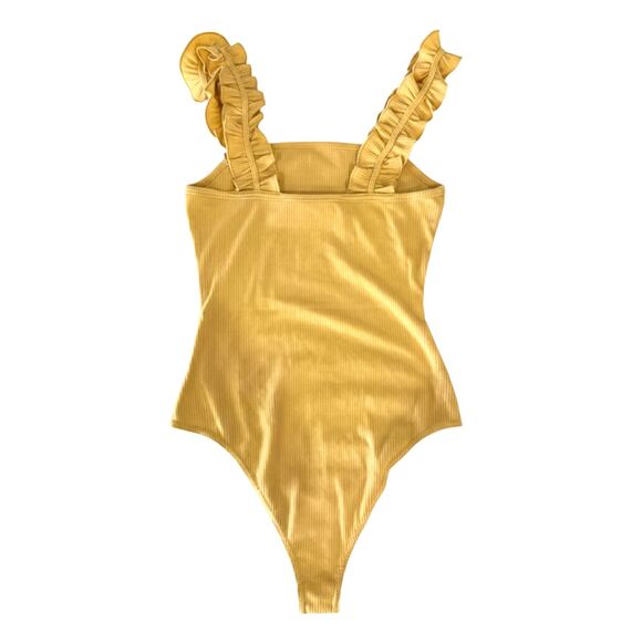 Le Lis Flounced Ruffle Strap Ribbed Mustard Yellow Bodysuit Size Small - Picture 4 of 8